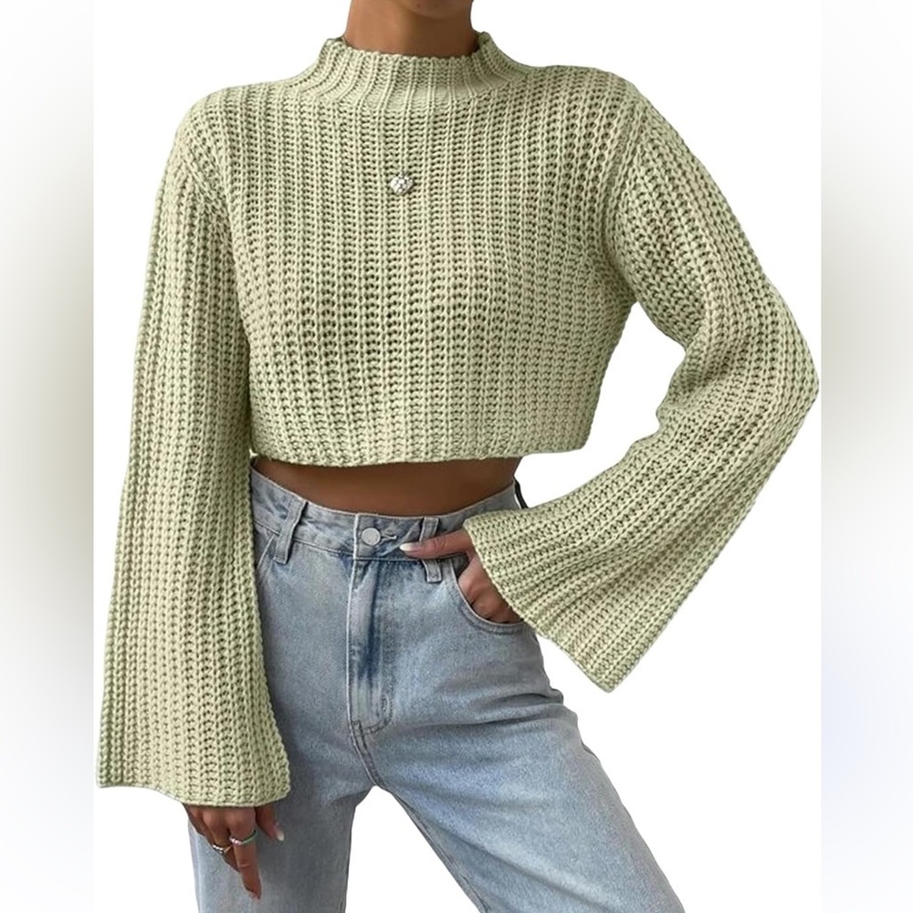 Amazon Women's Bell Sleeve Mock Neck Pullover Sweater in Light Green Size S